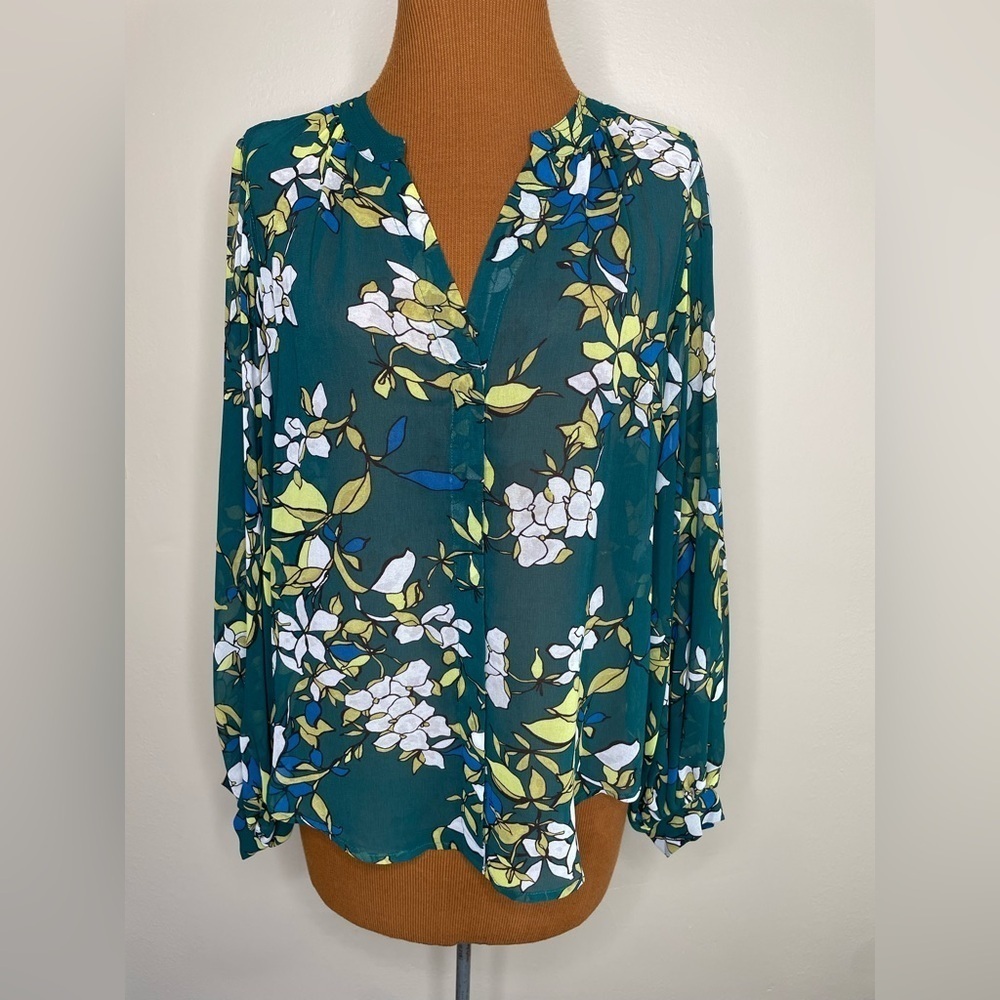 Chico’s Botanical Print Pleat-Neck Blouse Size Small